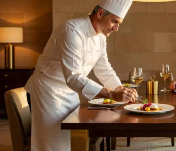 Chef presenting a tasting menu course at RiversideDealTable to guests seated for an intimate evening