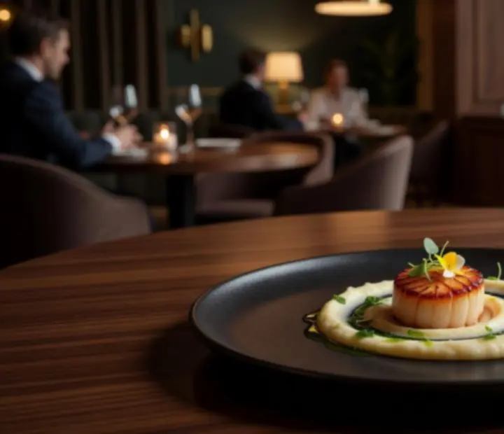 Cinematic tasting menu table with plated courses and wine pairings