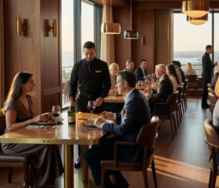 Cinematic golden evening at RiversideDealTable with guests dining and enjoying offline poker in a warm Australian restaurant setting.
