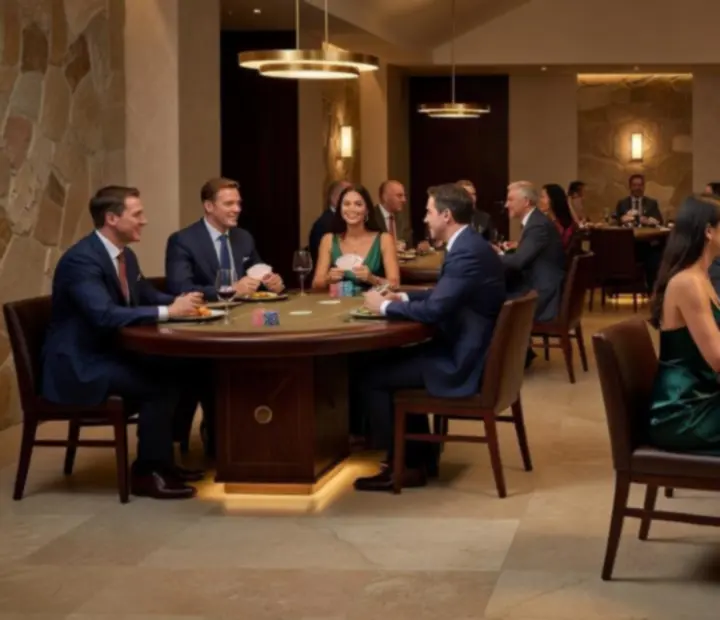 Cinematic Australian restaurant interior with guests enjoying gourmet dining and an elegant poker evening