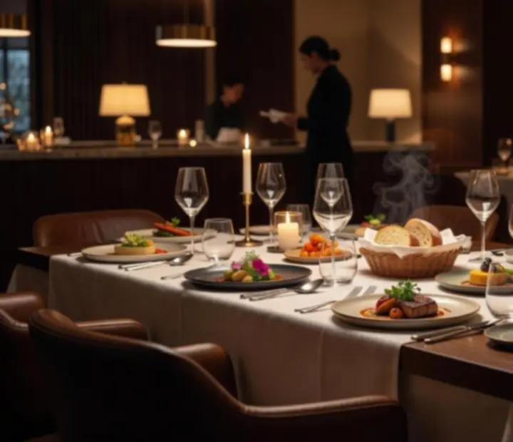 Cinematic table setting at RiversideDealTable with seasonal Australian dishes and warm evening lighting