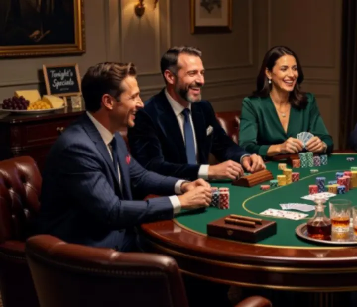 Guests gathered at an elegant poker table enjoying a social poker evening without gambling
