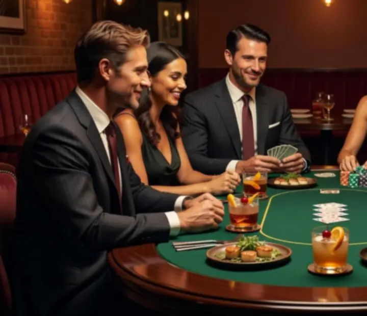 Guests enjoying an elegant social poker evening with cocktails and lively conversation
