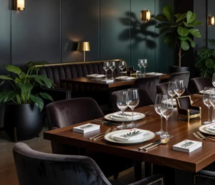 Private dining room with long timber table, soft lighting, and poker lounge ambience