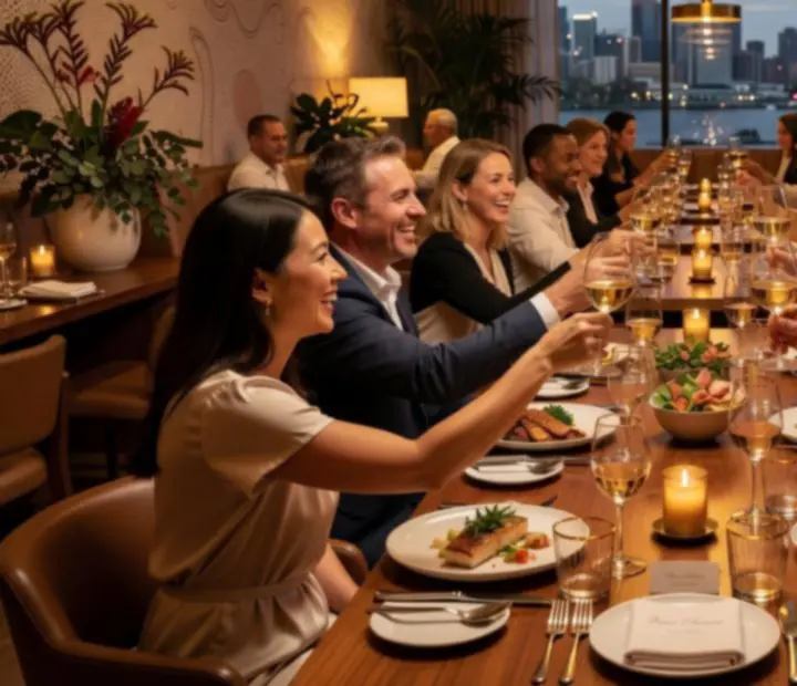 Cinematic photography capturing guests celebrating at a private function with candlelit tables