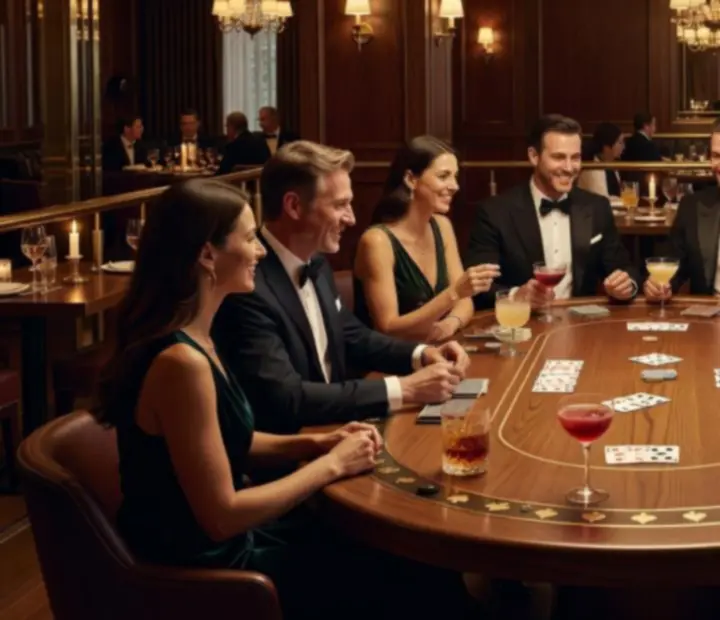 Guests enjoying a private poker evening at an elegant table with cards and chips in a warm-lit lounge