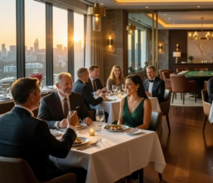 Elegant Australian restaurant interior with guests dining beside a refined poker table