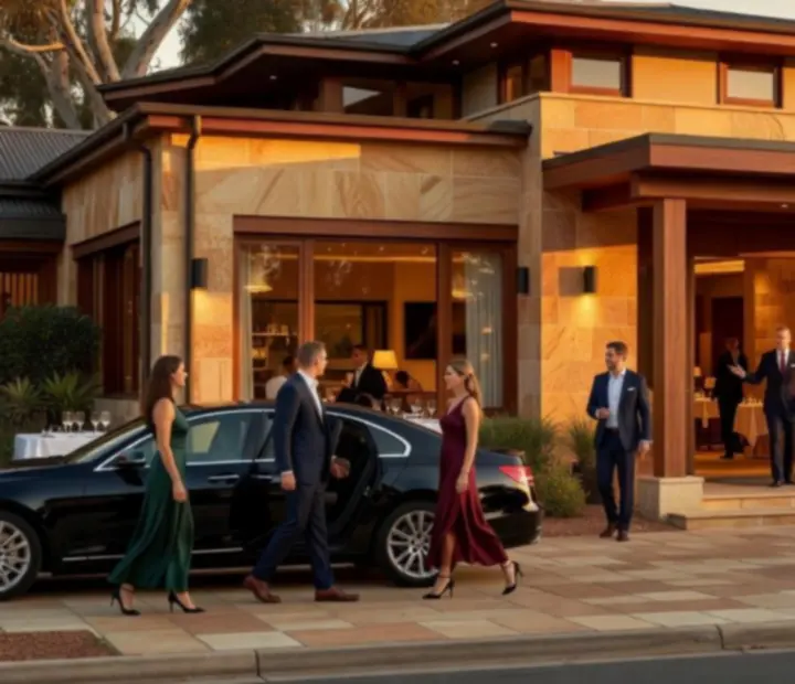 Cinematic evening exterior of a boutique Australian restaurant with warm lighting and riverside ambience