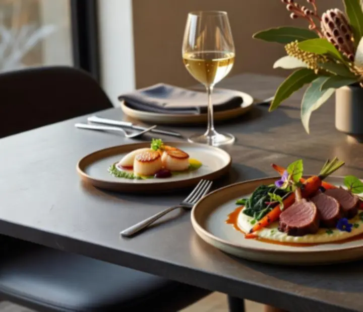 Signature Australian cuisine plated in a refined contemporary restaurant setting