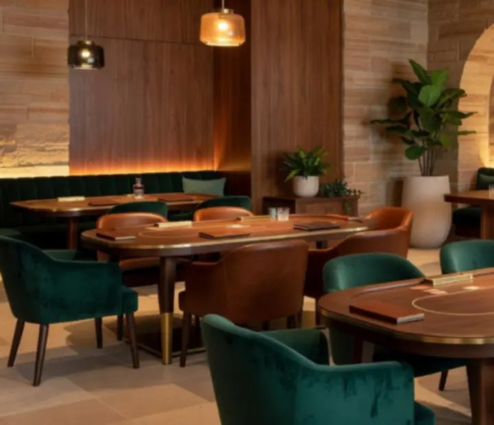 Sophisticated poker lounge with brass-accented tables, designer seating and warm Australian interiors