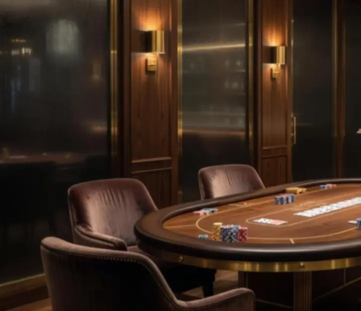 VIP poker lounge at RiversideDealTable with elegant poker table, ambient lighting and handcrafted cocktails.