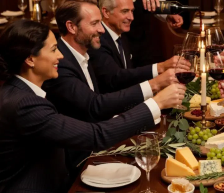 Wine tasting evening at RiversideDealTable with sommelier pouring wine for guests in warm ambient lighting.